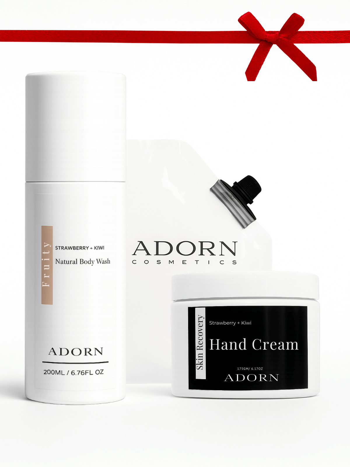 Adorn Cosmetics hand cream and body wash with a Adorn Cosmetics body wash and hand cream body care set with a red ribbon on a white background