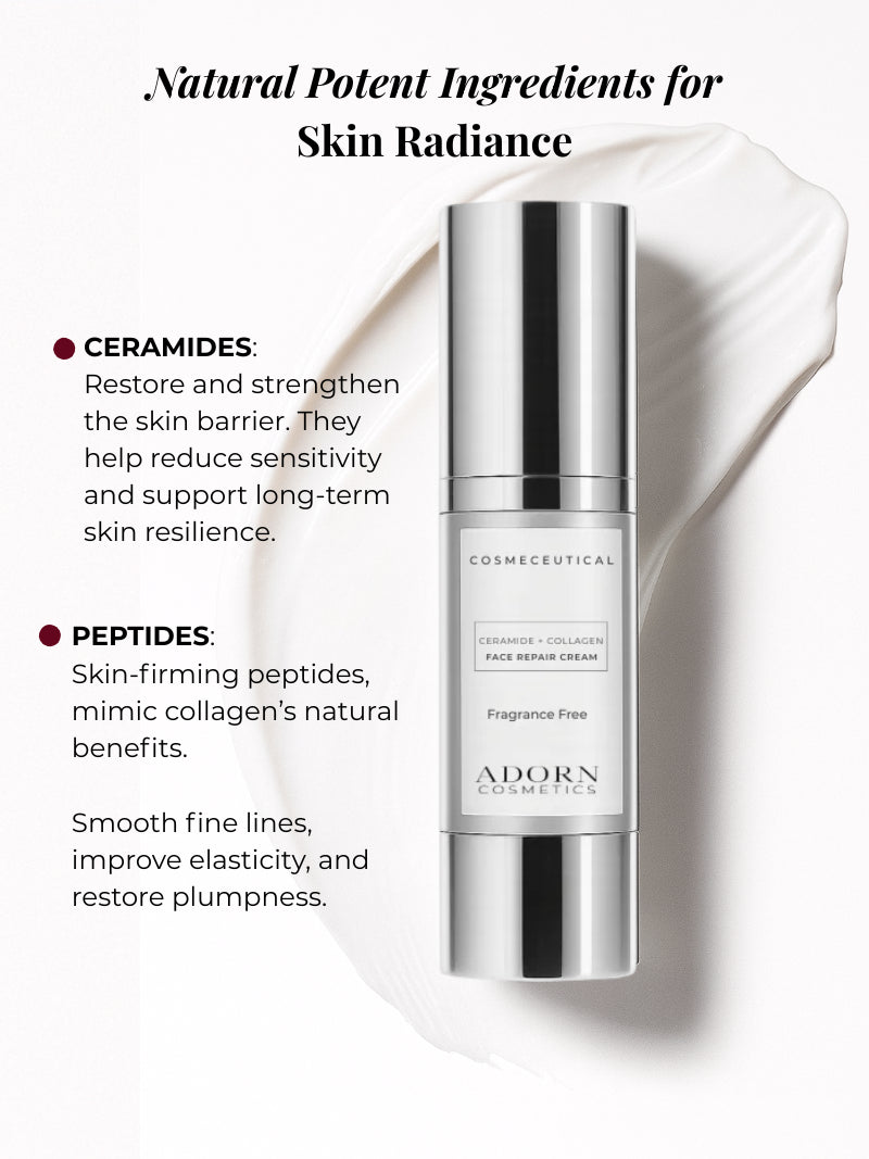 collagen repair cream bottle with text about natural potent ingredients for skin radiance on a light background