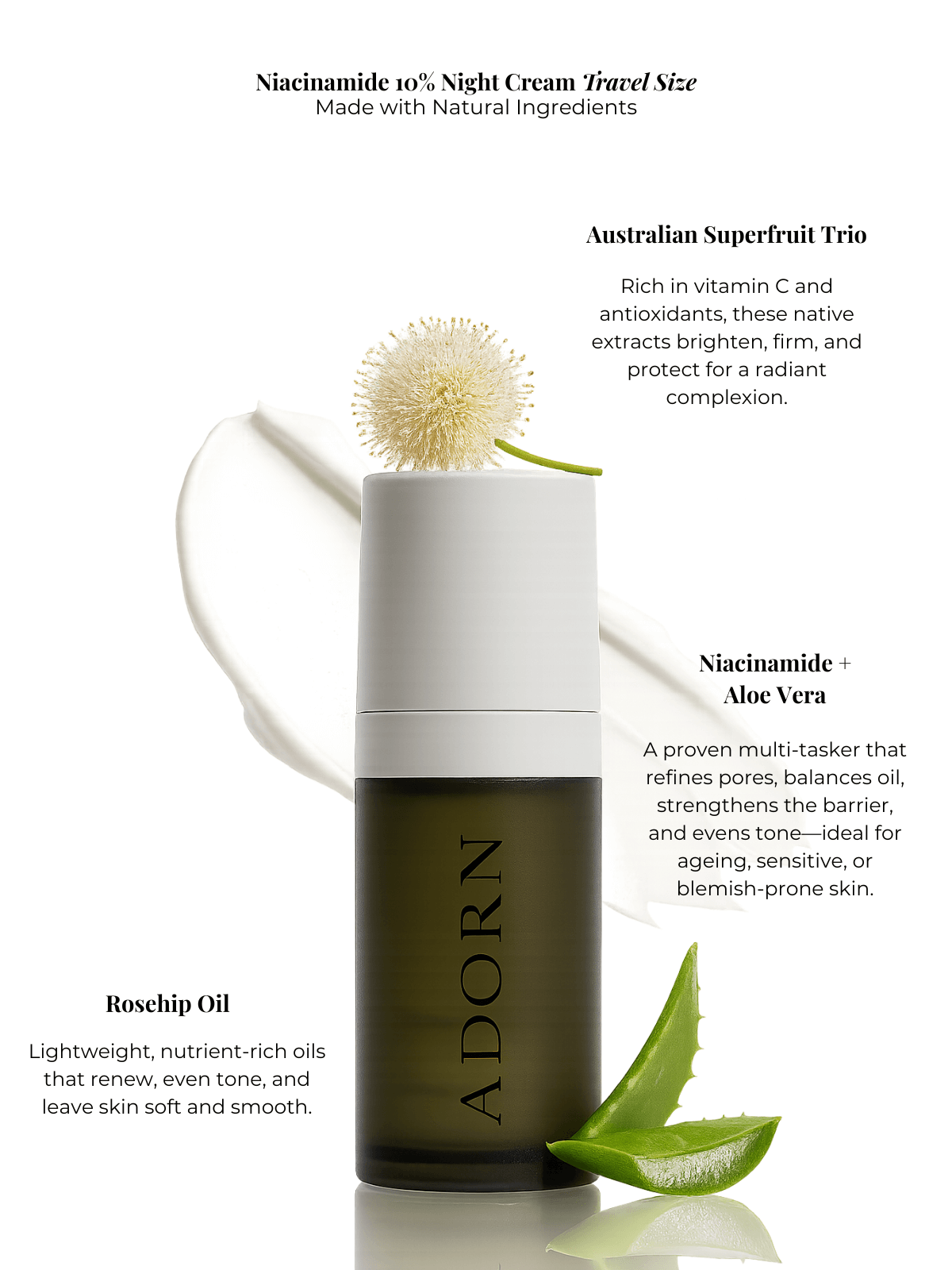 Niacinamide 10% Night Cream travel size with natural ingredients and Australian Superfruit Trio on a white background.
