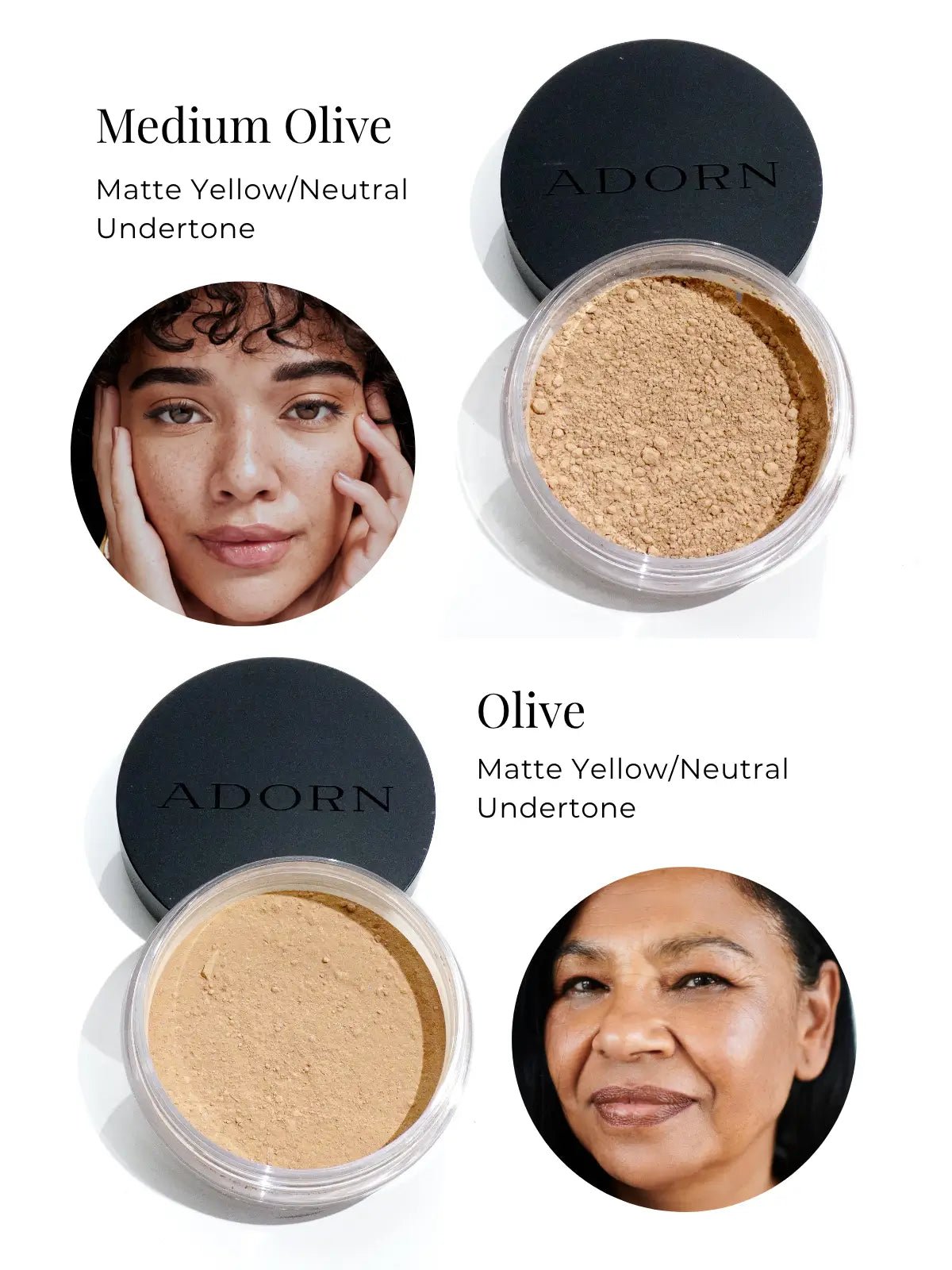 SPF 20 Loose Mineral Foundation Olive Shades for Mature Skin – Adorn Cosmetics