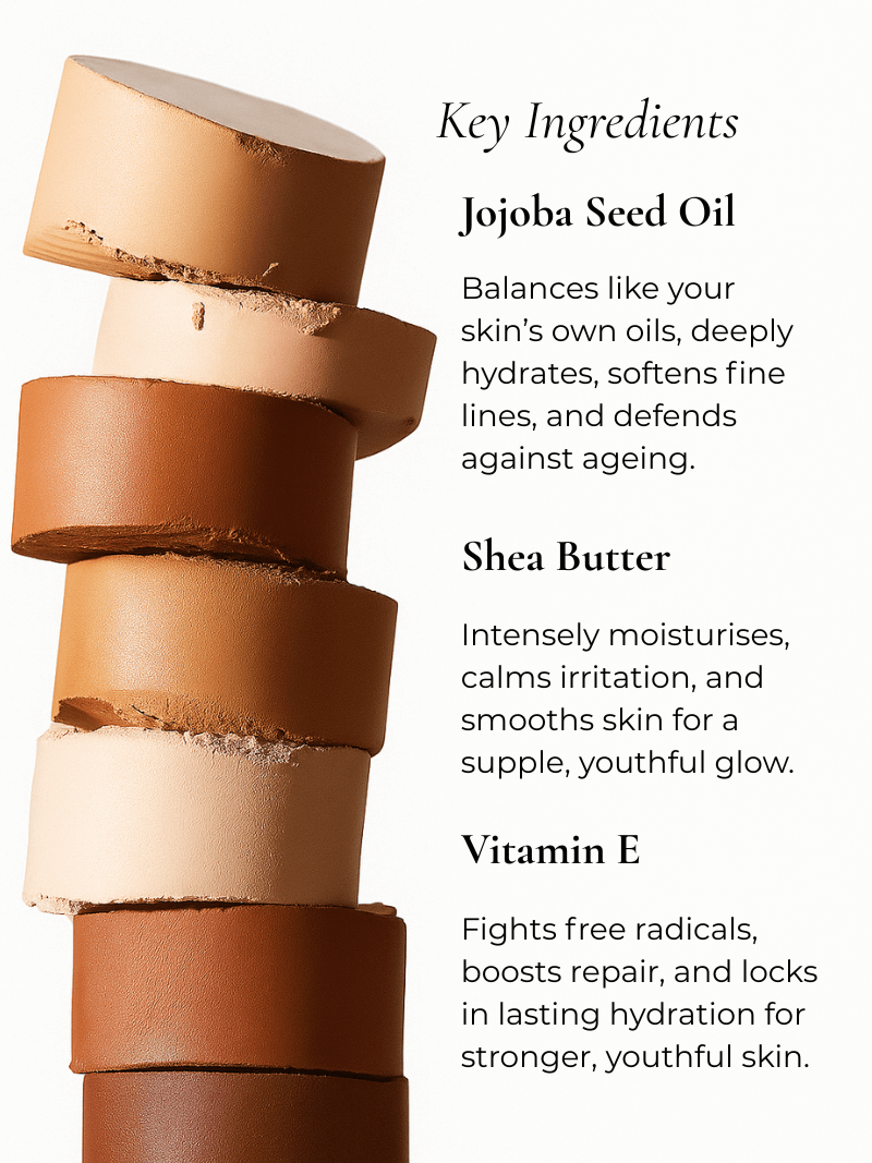 Stack of brown cosmetic containers with key ingredients listed on a white background