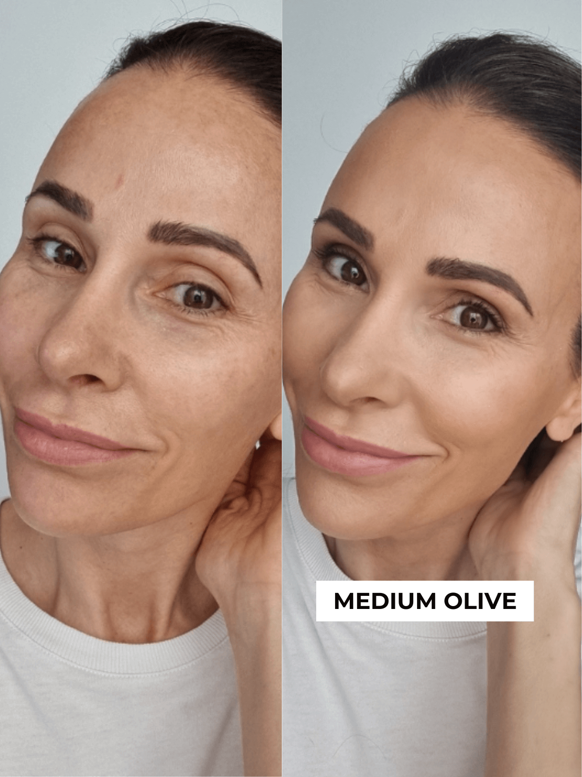 Before and after comparison of a woman's face with 'Medium Olive' skin tone label.