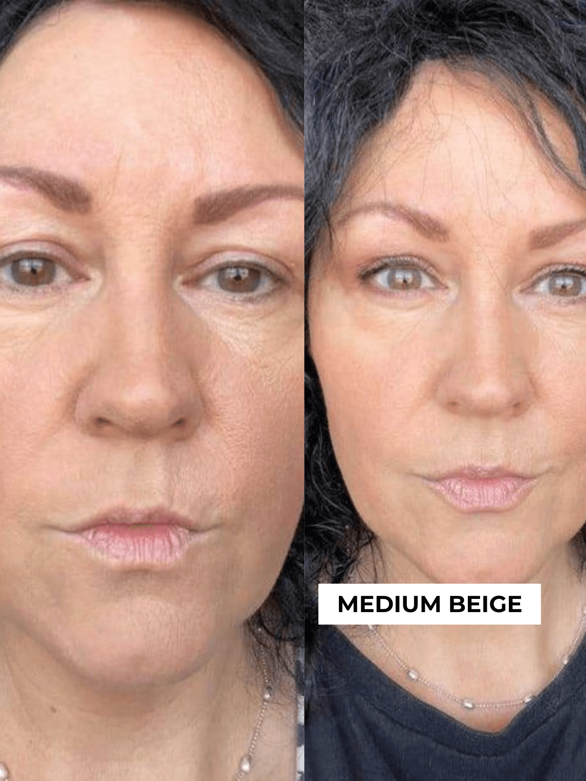 Before and after comparison of a woman's face with medium beige makeup application.