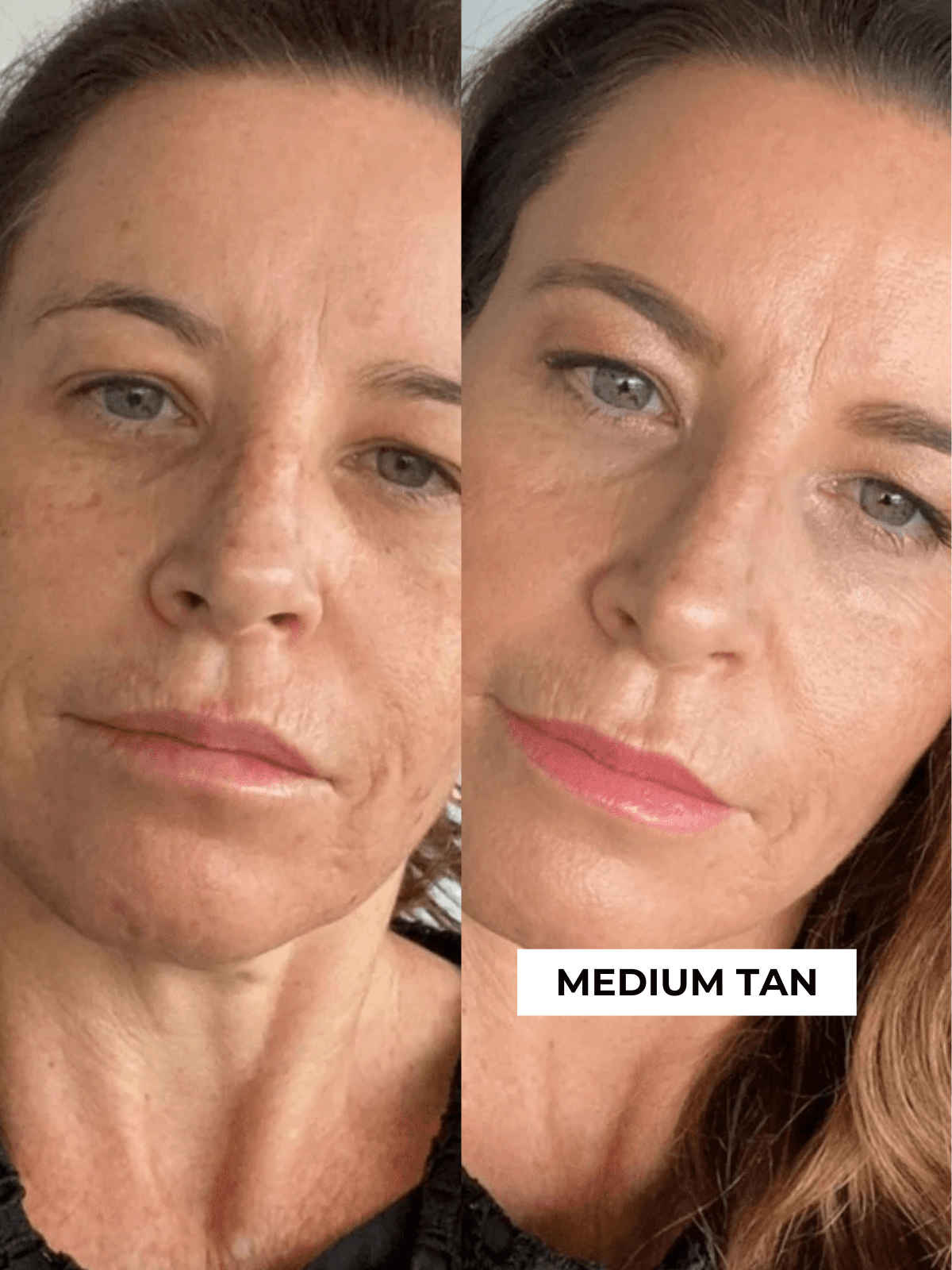 Before and after comparison of a woman's face with medium tan application.