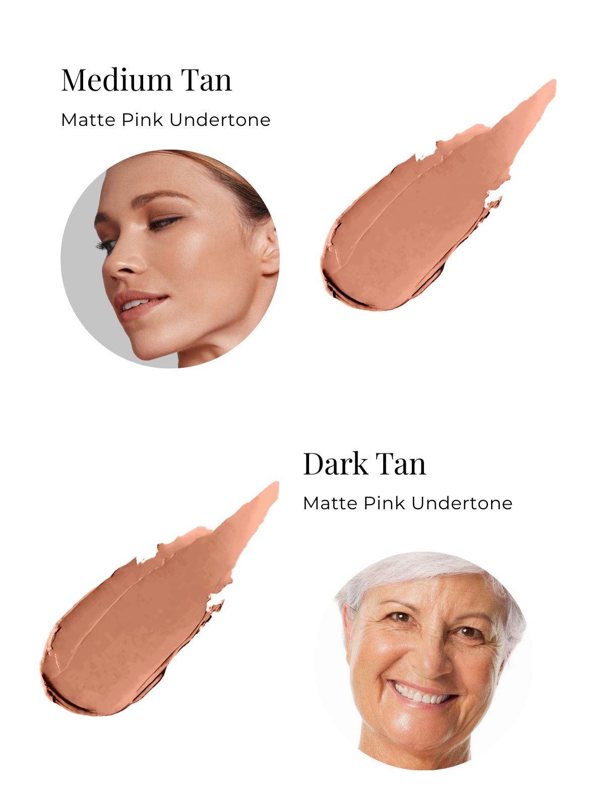 Cosmetic swatches labeled 'Medium Tan' and 'Dark Tan' with corresponding skin tones.