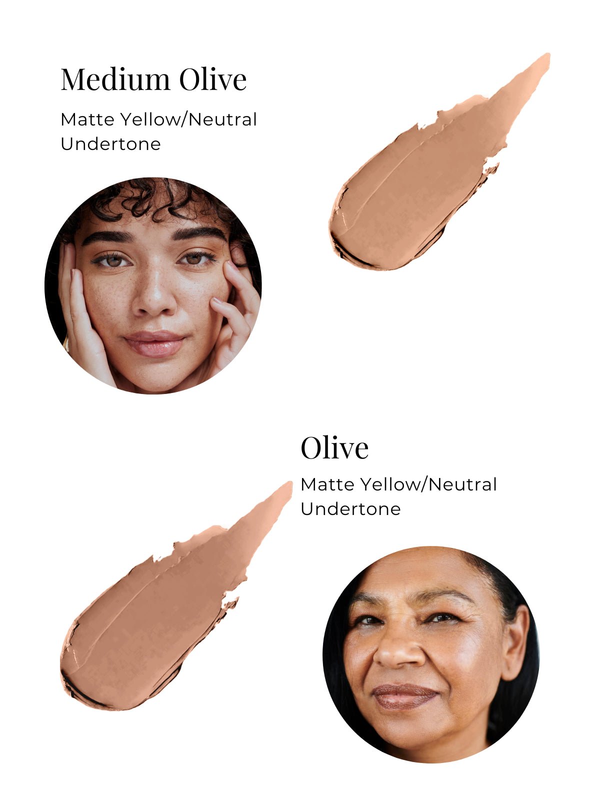 Two swatches of foundation labeled 'Medium Olive' and 'Olive' with corresponding skin tones.