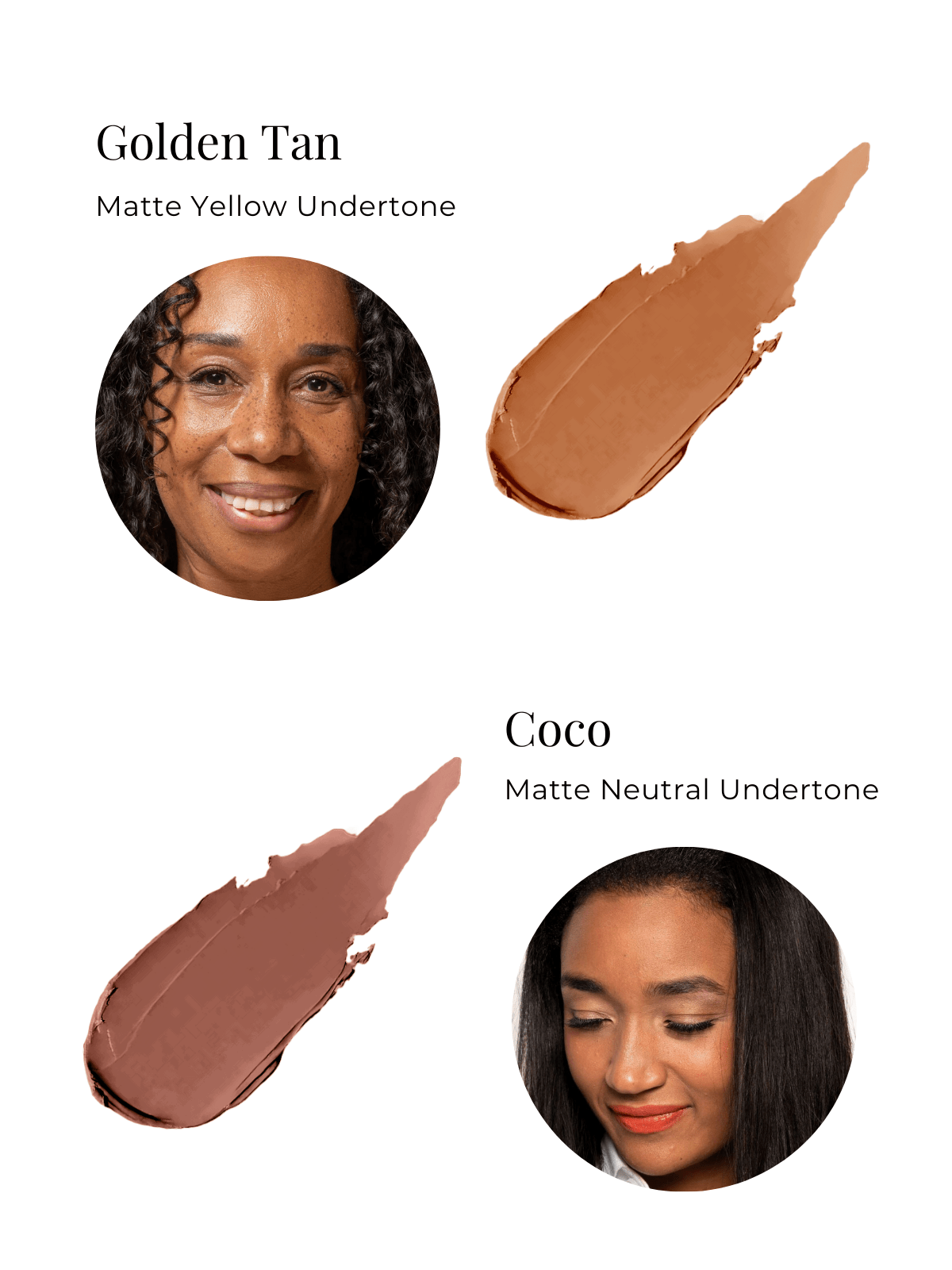 Two swatches of foundation labeled 'Golden Tan' and 'Coco' with corresponding skin tones.