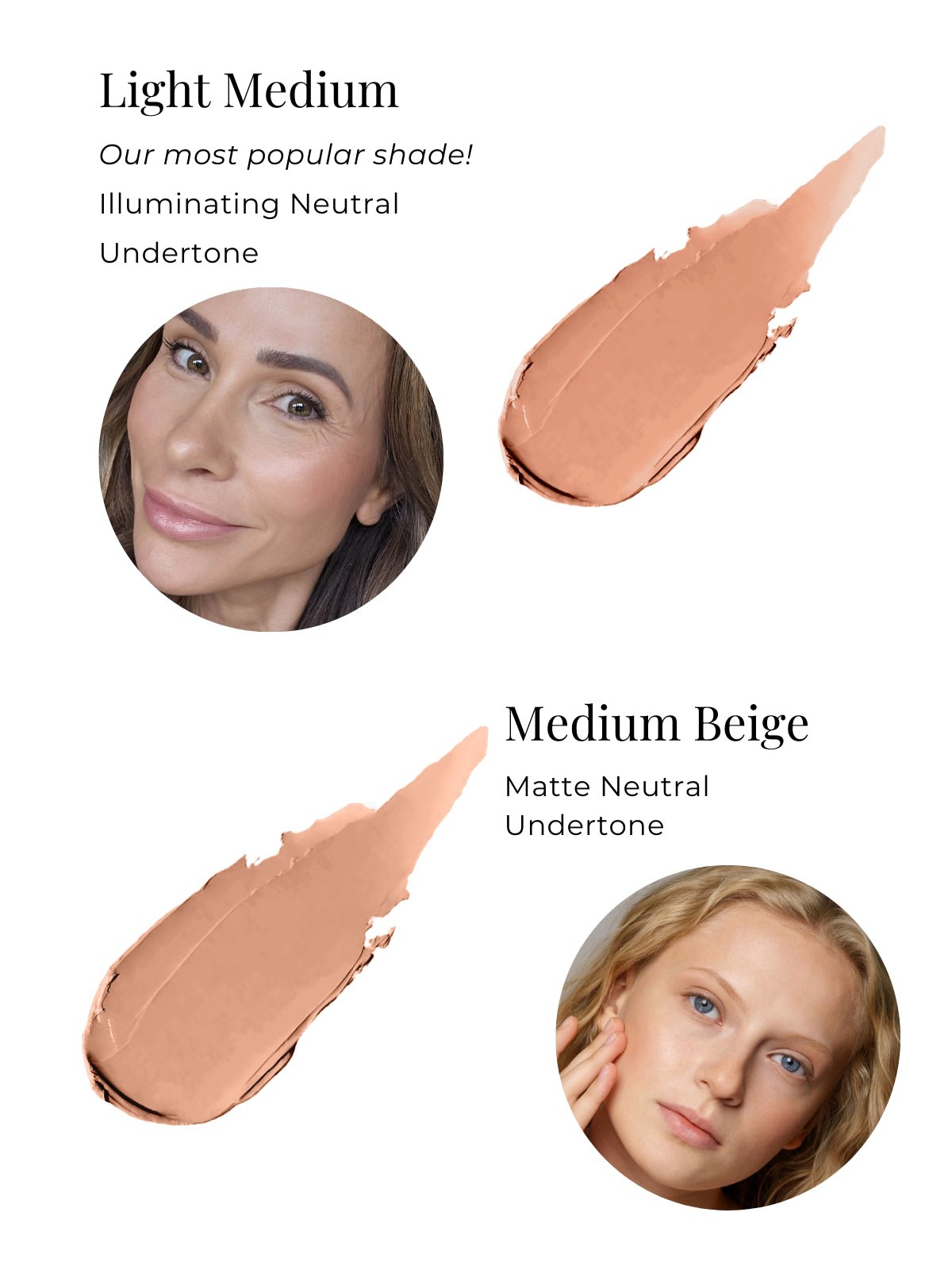 Two makeup swatches labeled 'Light Medium' and 'Medium Beige' with corresponding skin tones.