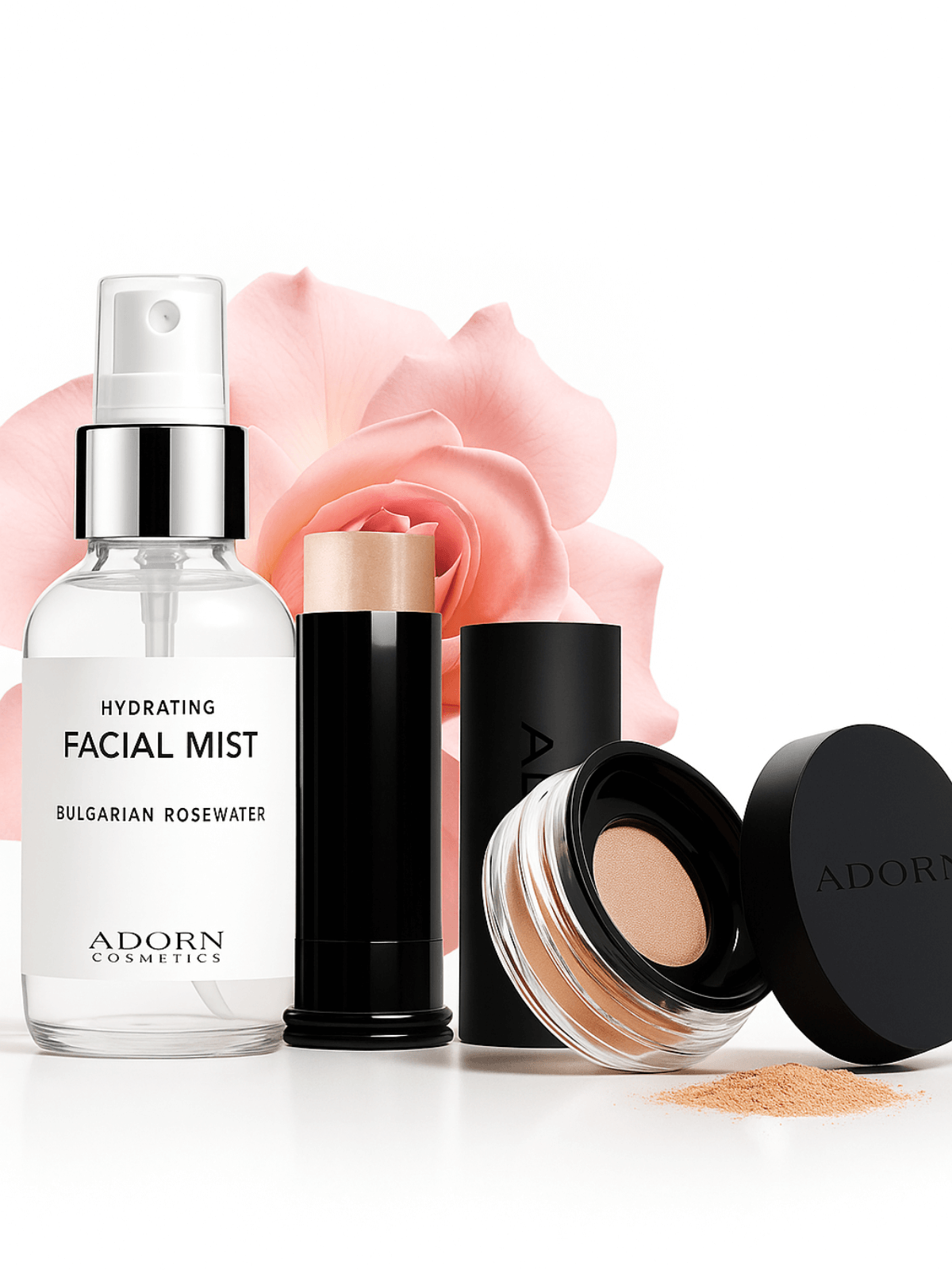 Cosmetic products including a facial mist, full coverage cream foundation stick, and mineral foundation compact with a pink flower in the background.