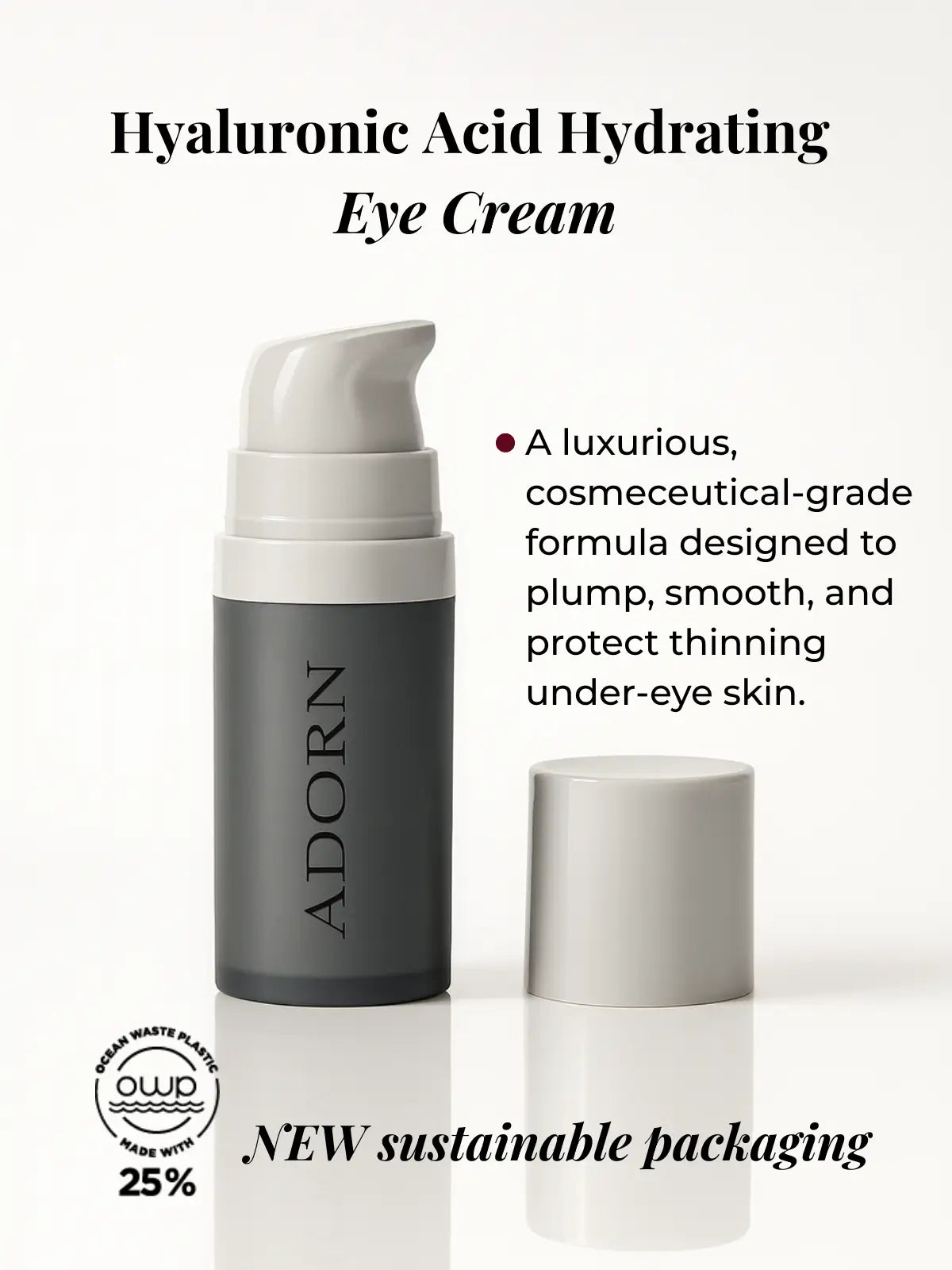 Hyaluronic Acid Hydrating Eye Cream with 'ADORN' branding on a white background