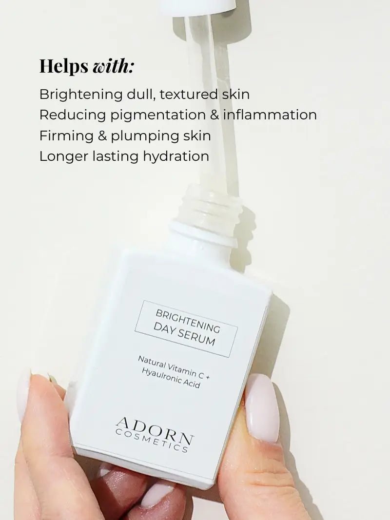 Best vitamin c serum for over 50 with text on benefits and a hand holding the bottle.