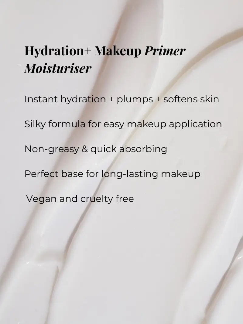 Hydration and makeup primer for mature skin moisturiser with product description text overlay