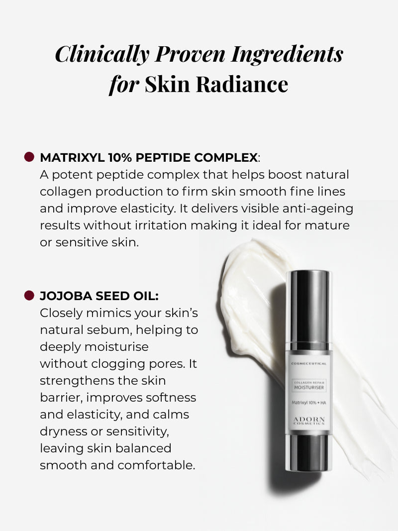 the best skin tightening cream for face and neck with text about Matrixyl 10% Peptide Complex and Jojoba Seed Oil for skin radiance.