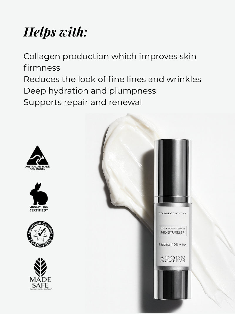the best skin tightening cream for face and neck with text about skincare benefits and certification logos on a white background
