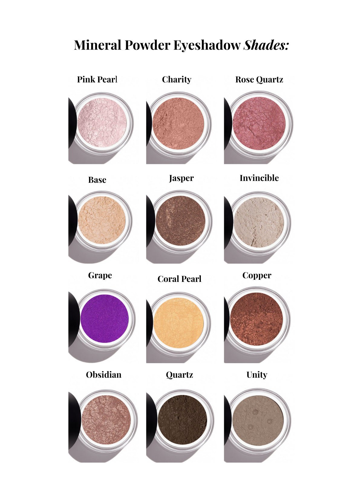 Mineral powder eyeshadow shades displayed in a grid with names above each.