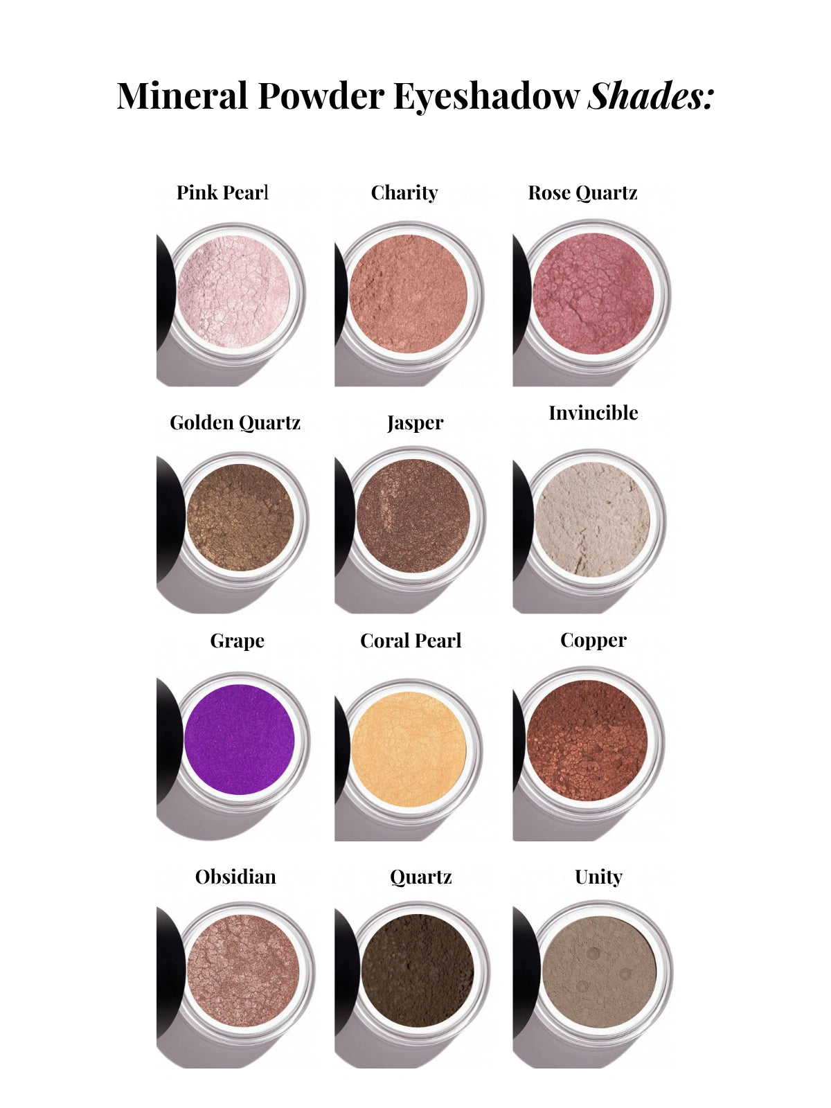 Mineral eyeshadow shade grid showing 12 colours — sample set for finding favourites