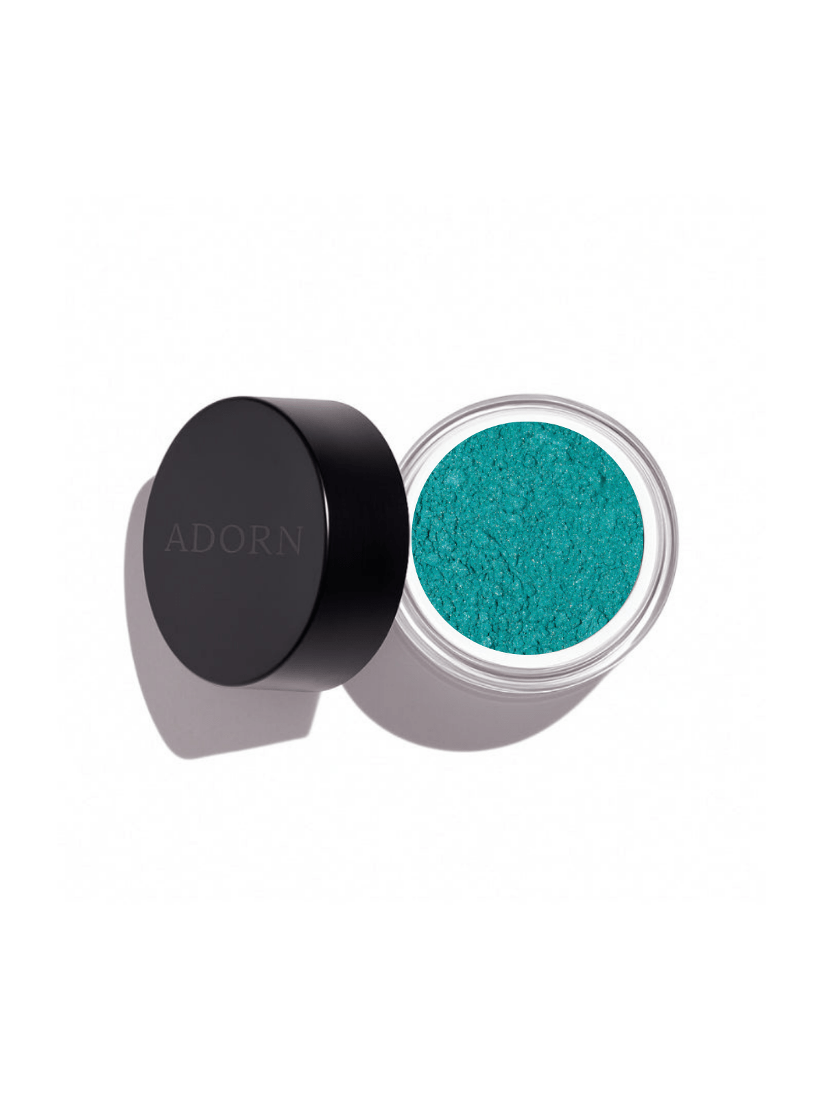 Open container of teal powder loose mineral eyeshadow shade blueberry with black lid on a white background, branded 'ADORN'.