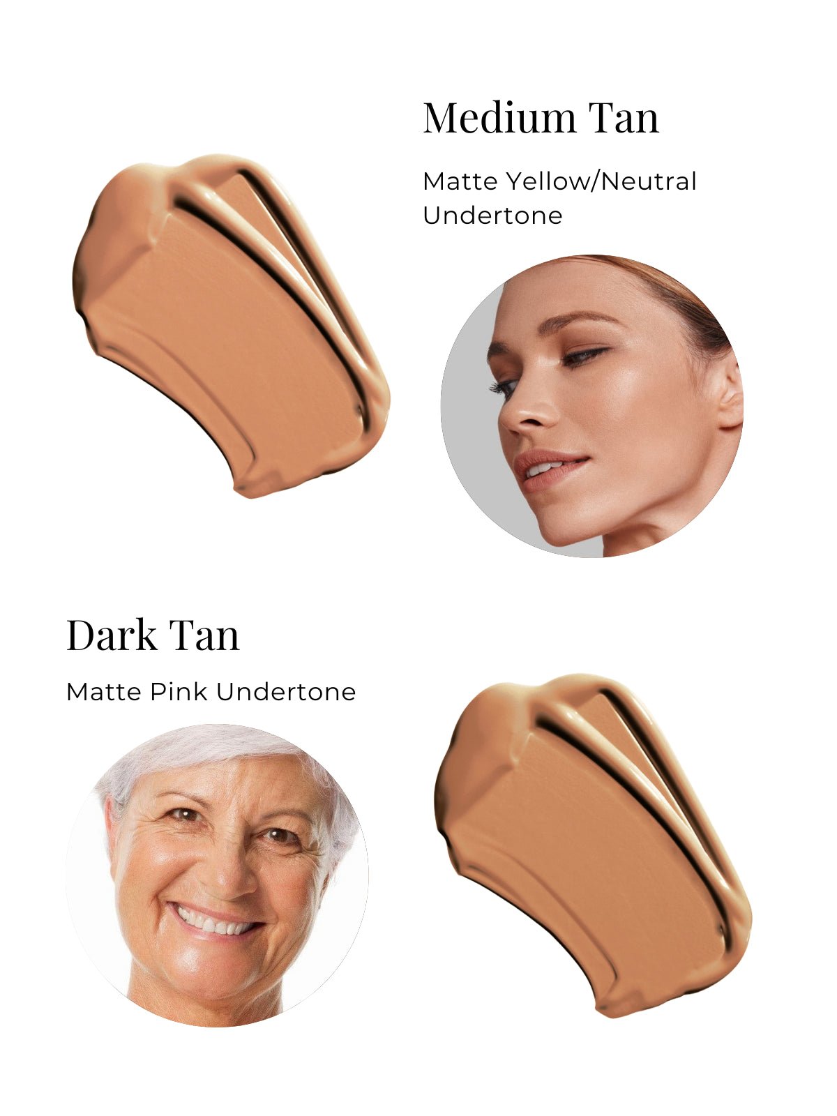 Two swatches of foundation with a medium tan and dark tan shade, showing their color on a person's face.