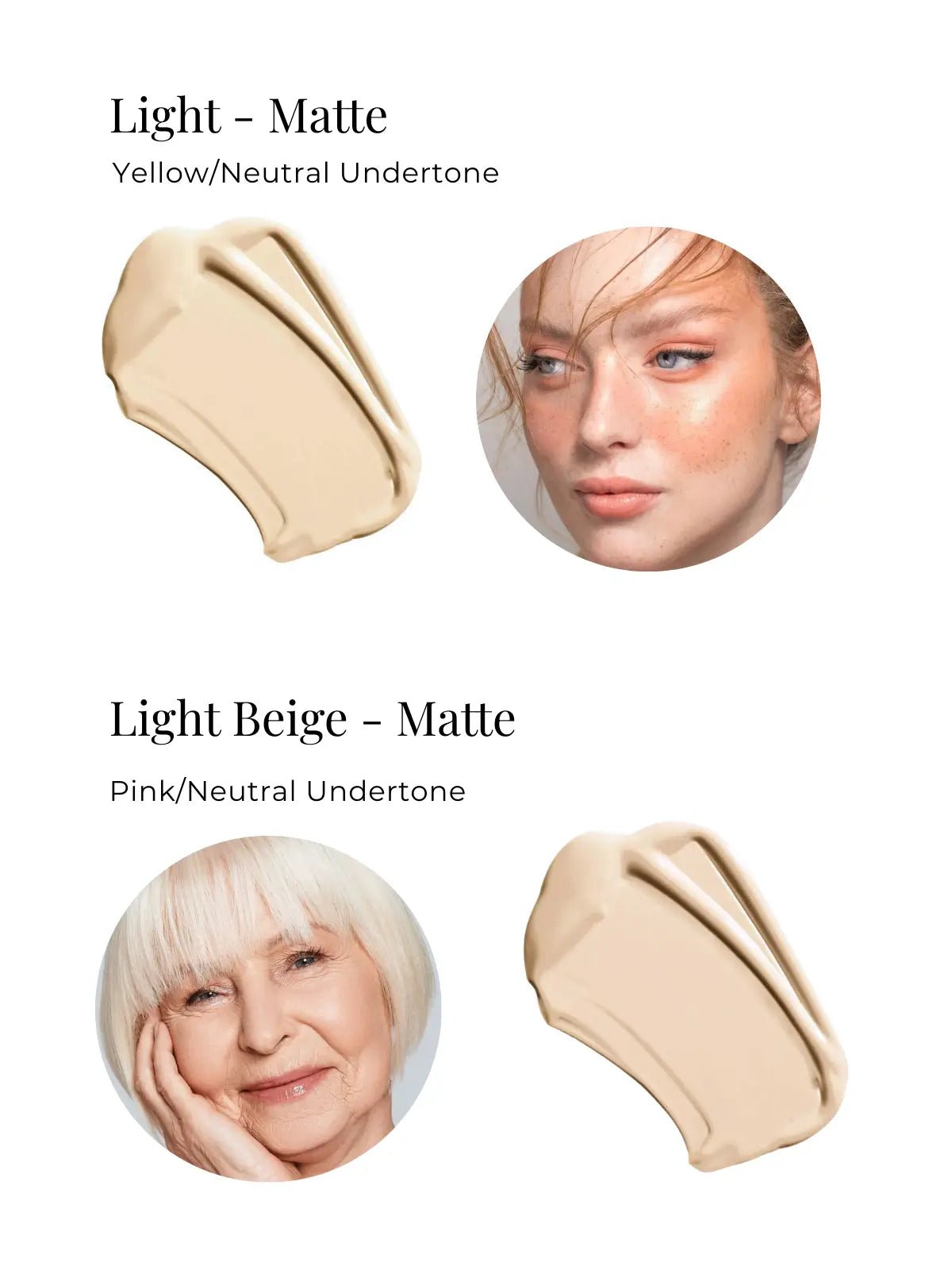 Light matte makeup swatch with a woman's face and two swatches on a white background.