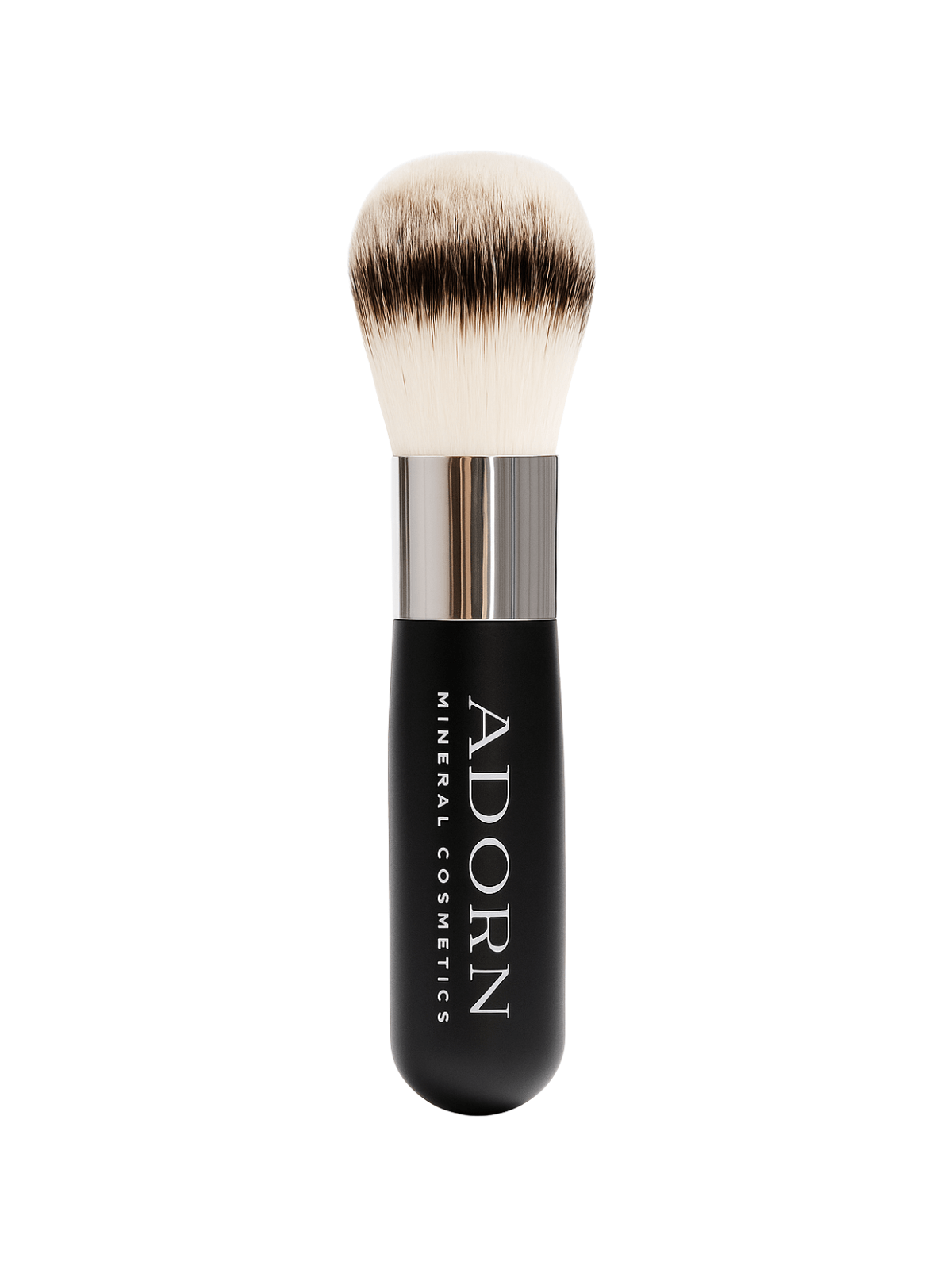 Makeup brush with black handle and white bristles on a white background, branded 'Adorn'.