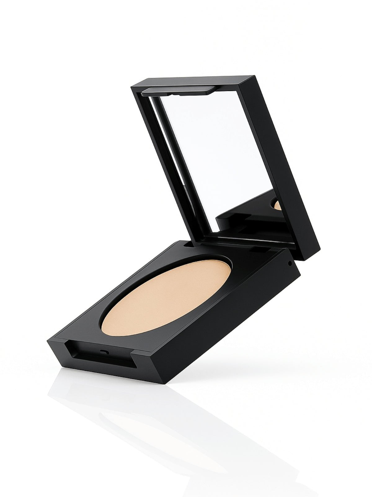 Compact powder in a black case with mirror on a white background