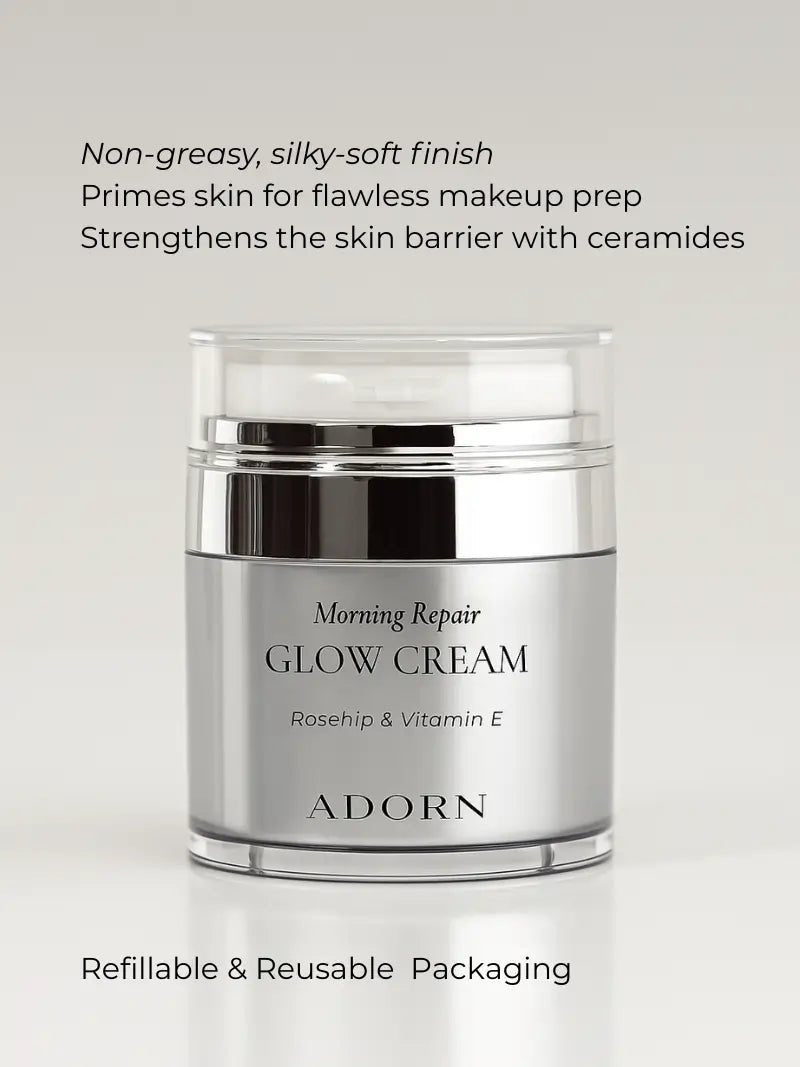 Silver jar of best day cream for mature skin by Adorn on a light gray background