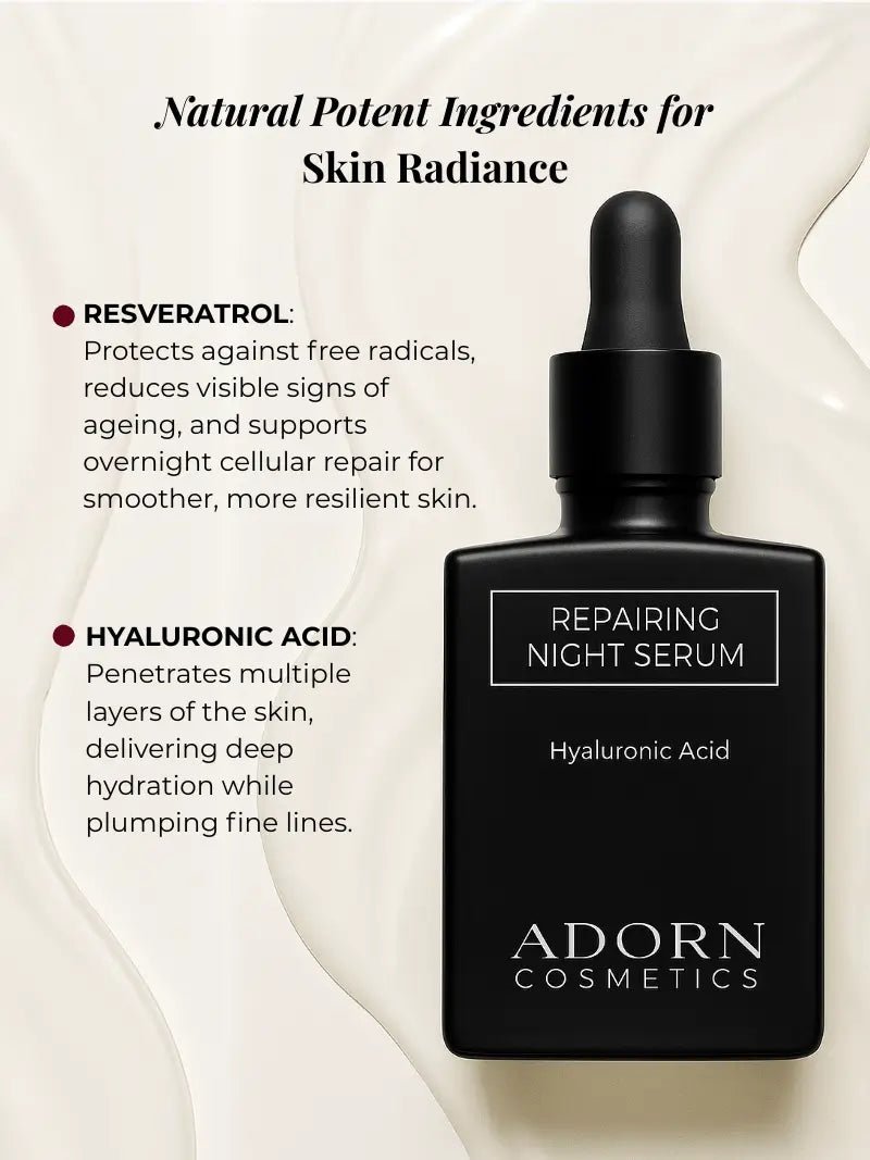 Black best night serum for mature skin bottle with Adorn Cosmetics branding on a light background