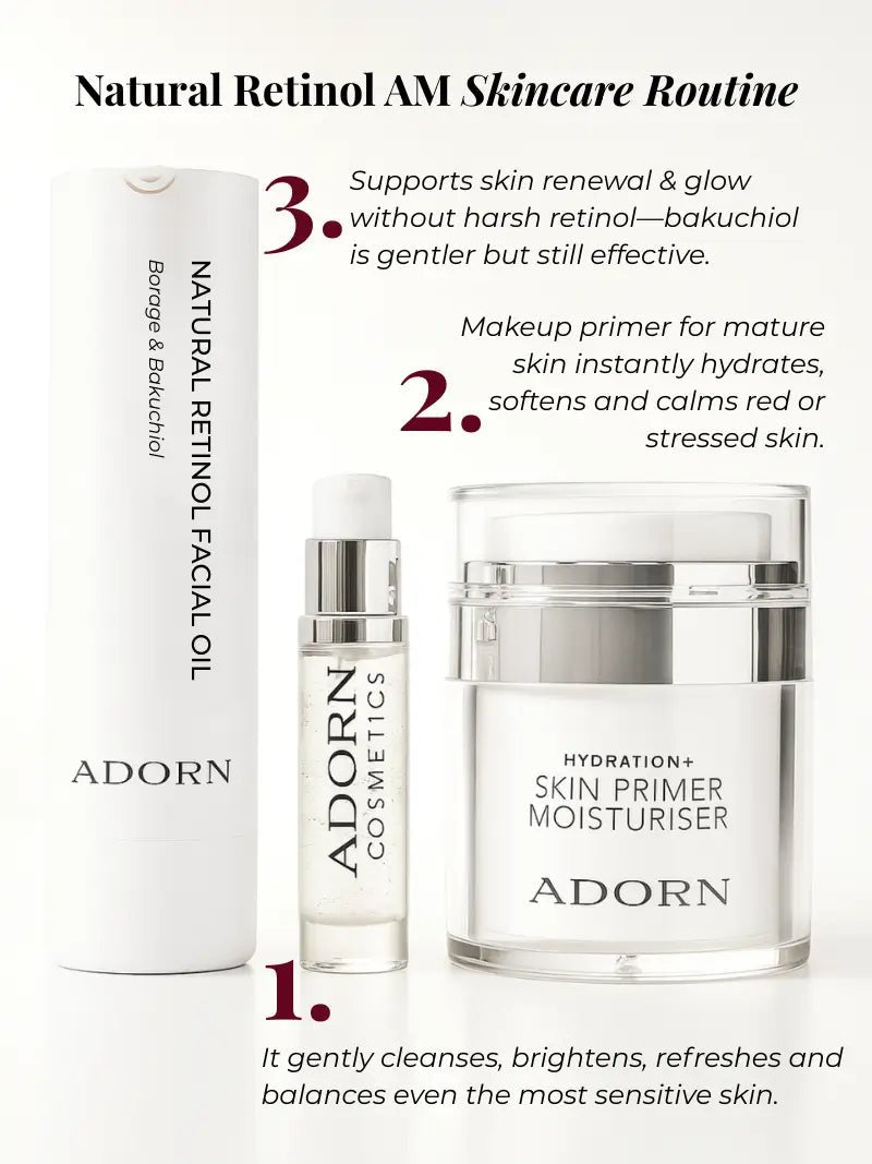 Adorn Cosmetics skincare products with text on a white background