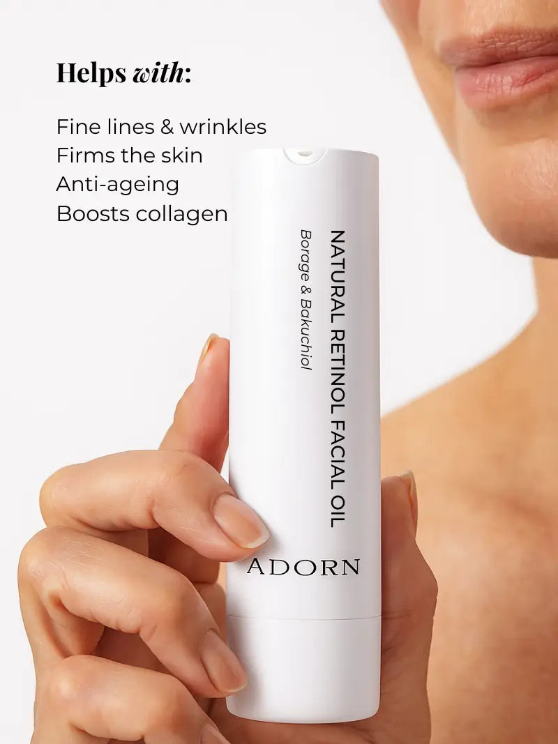 Adorn natural retinol facial oil with ingredients listed on a white background