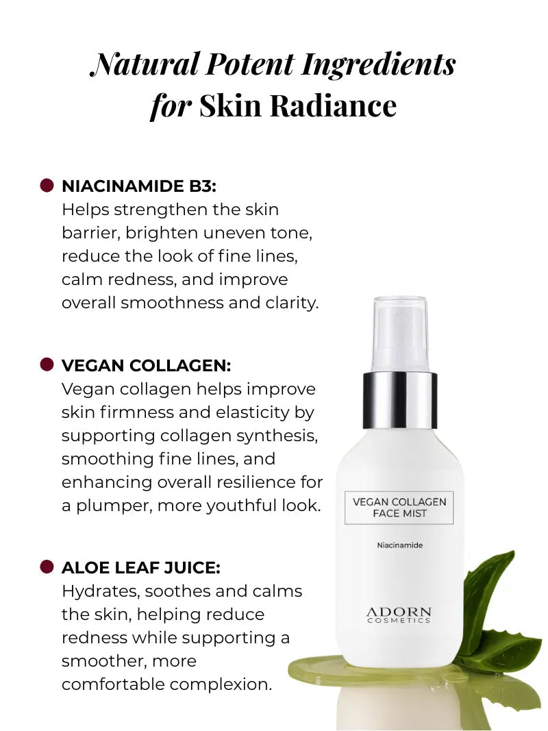 Adorn Skincare face mist bottle with natural potent ingredients text on a white background