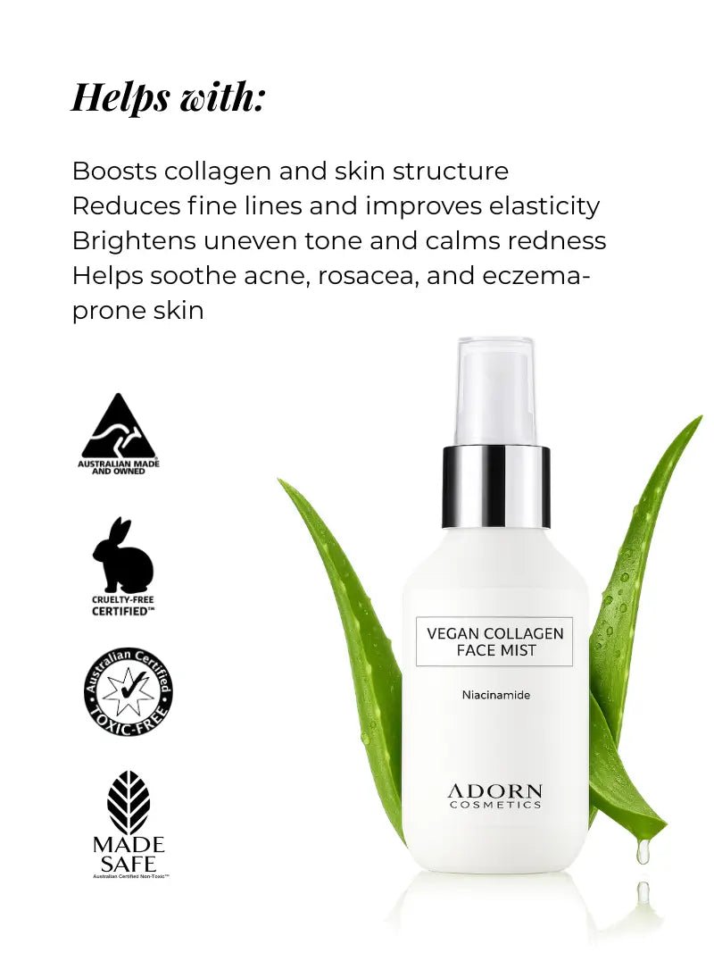 Vegan collagen face mist bottle with aloe vera leaves and product benefits text on a white background