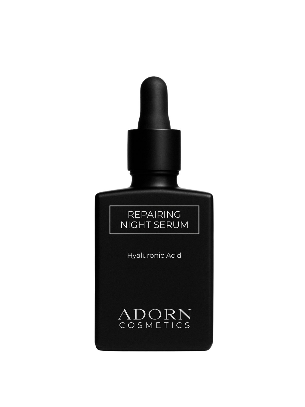 Black best night serum for mature skin bottle with dropper labeled 'Adorn Cosmetics' on a white background
