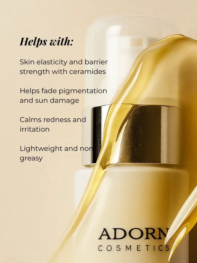 night facial oil bottle with text on a beige background, featuring Adorn Cosmetics.