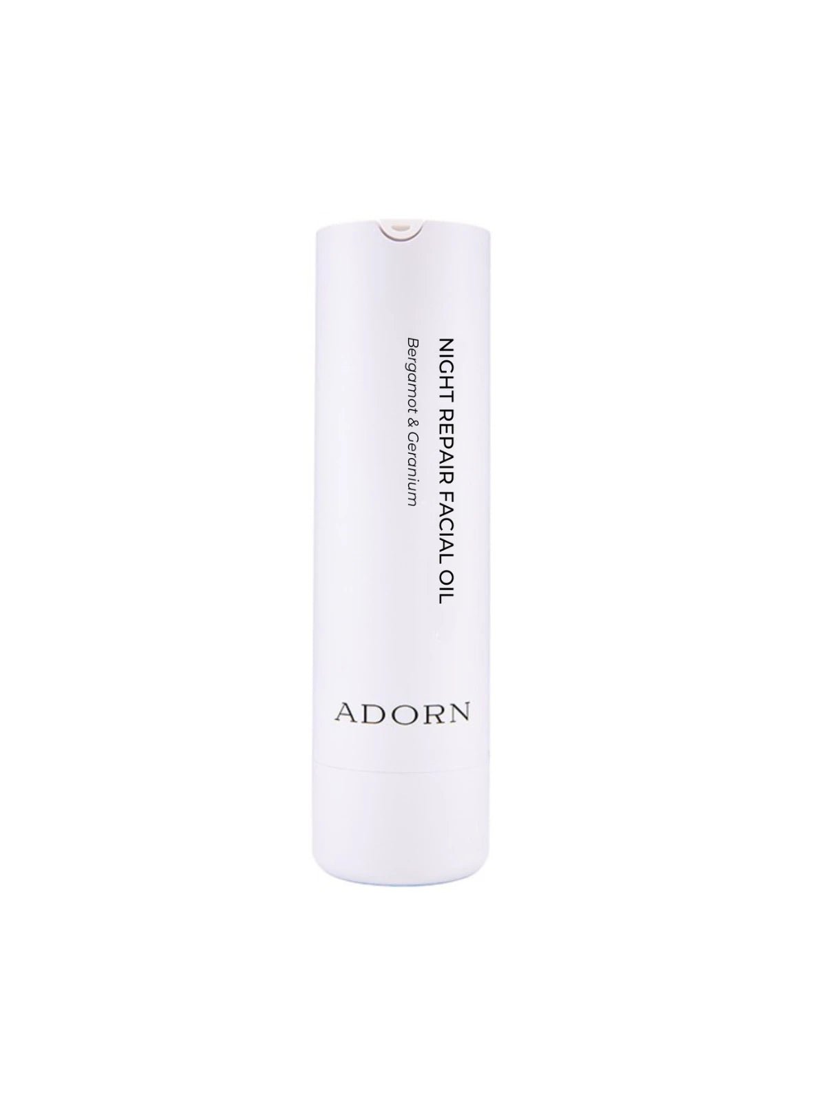 White bottle of Adorn Night Repair Facial Oil on a white background