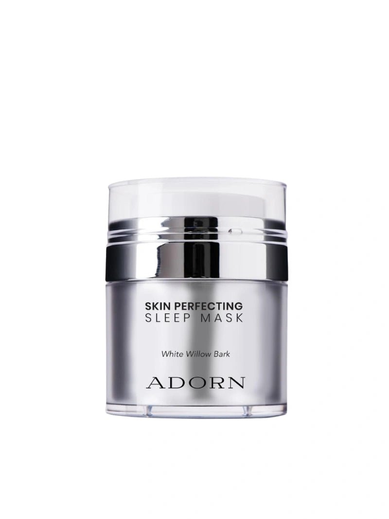 Silver jar of 'Skin Perfecting Sleep Mask' by Adorn on a white background
