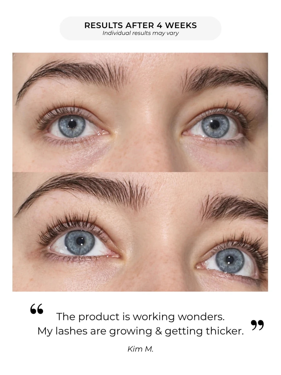 Before and after lash growth after 4 weeks with customer review — Adorn peptide lash serum