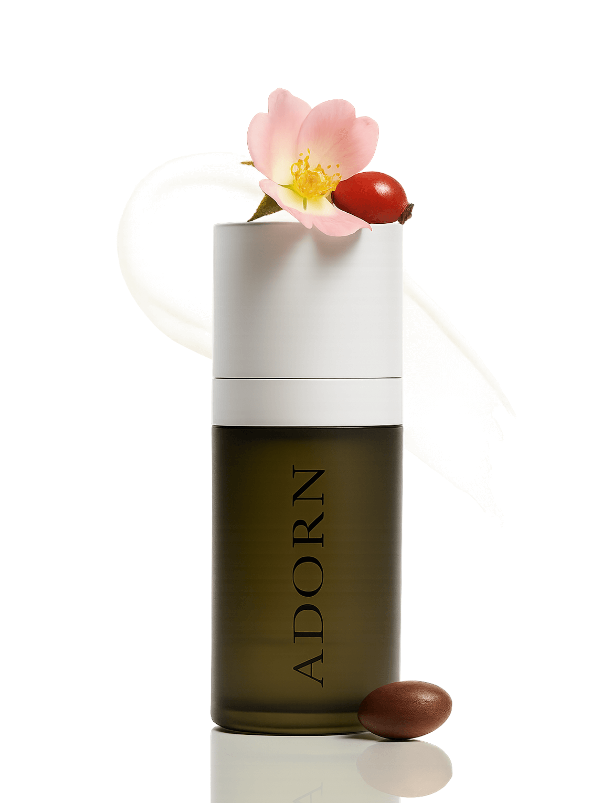 Skincare bottle of travel size face cream with peptides labeled 'ADORN' on a white background