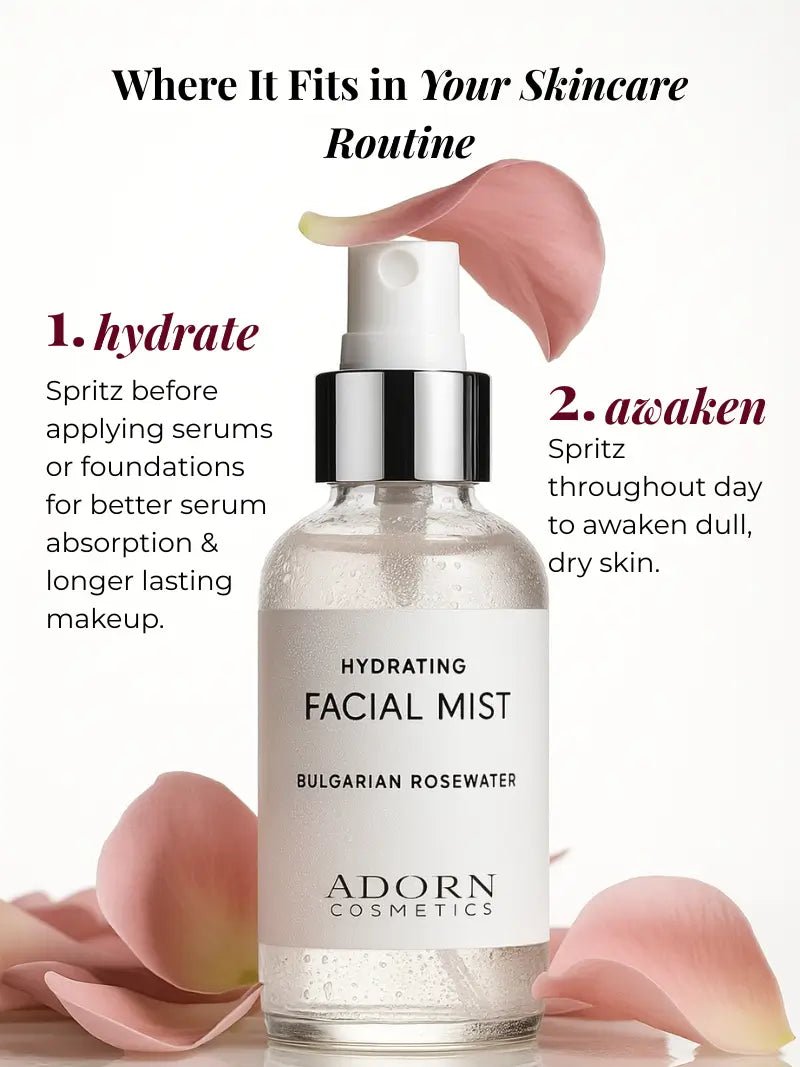 Facial mist bottle with pink petals on a white background, featuring Adorn Cosmetics branding.