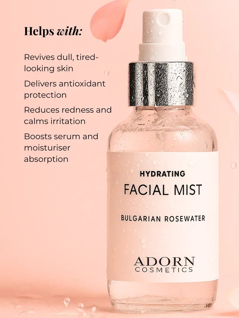 best hydrating facial mist bottle with Bulgarian rosewater on a pink background, featuring Adorn Cosmetics.