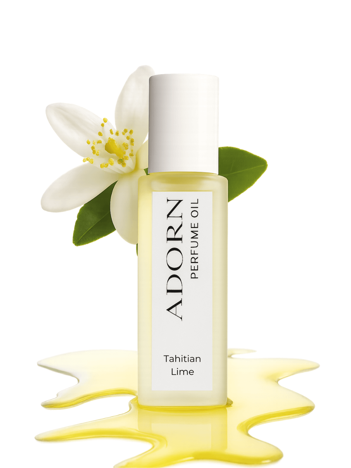 Adorn Tahitian Lime roll on perfume oil bottle with a flower on a white background