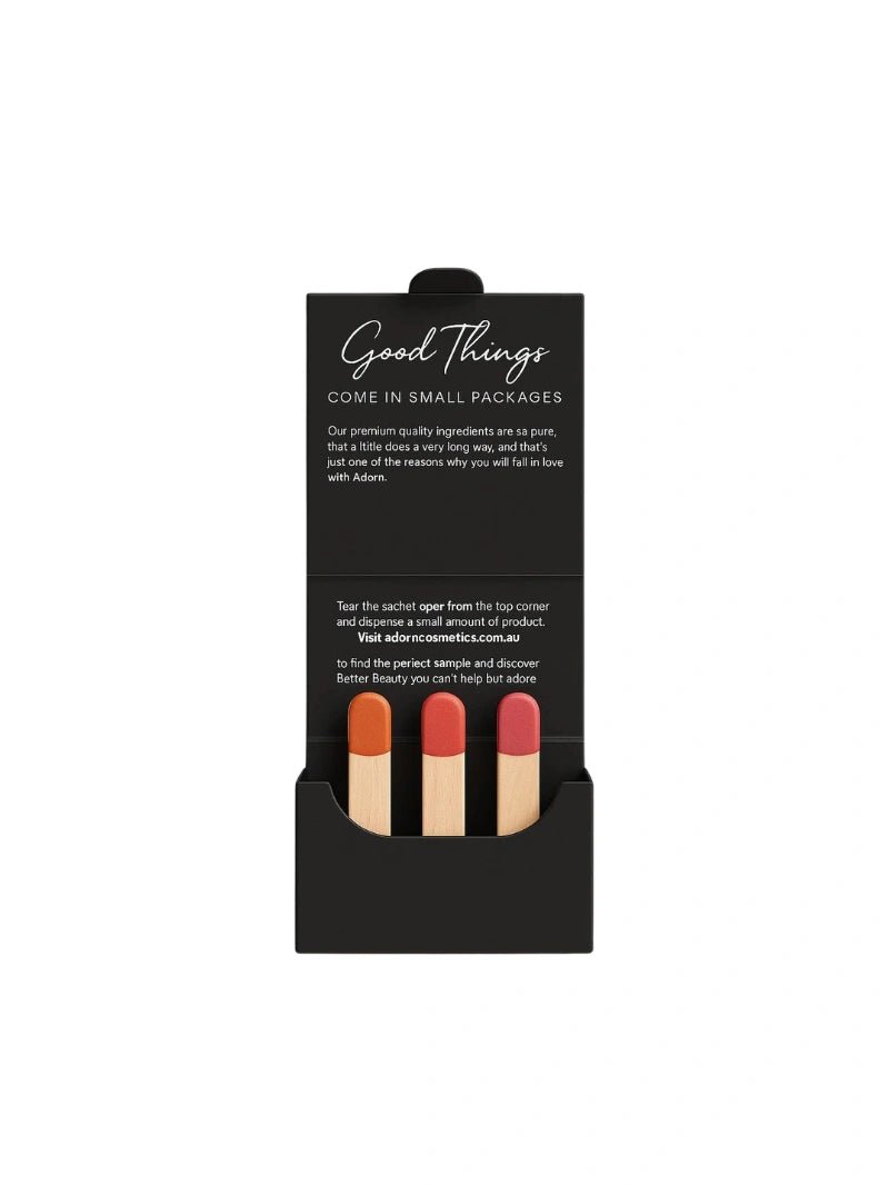 Black Natural Lip Gloss & Balm Purse Pack - Sample Size Delight with three lipsticks and 'Good Things' text on a white background