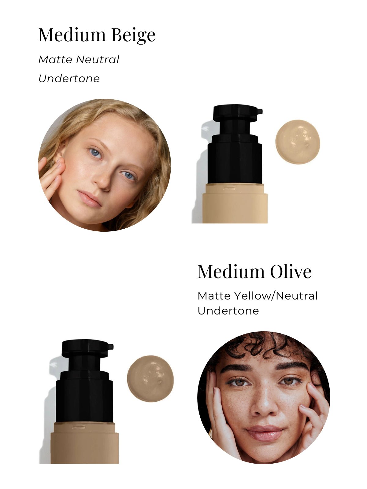 Cosmetic product with two faces showing different skin tones and a close-up of the product.