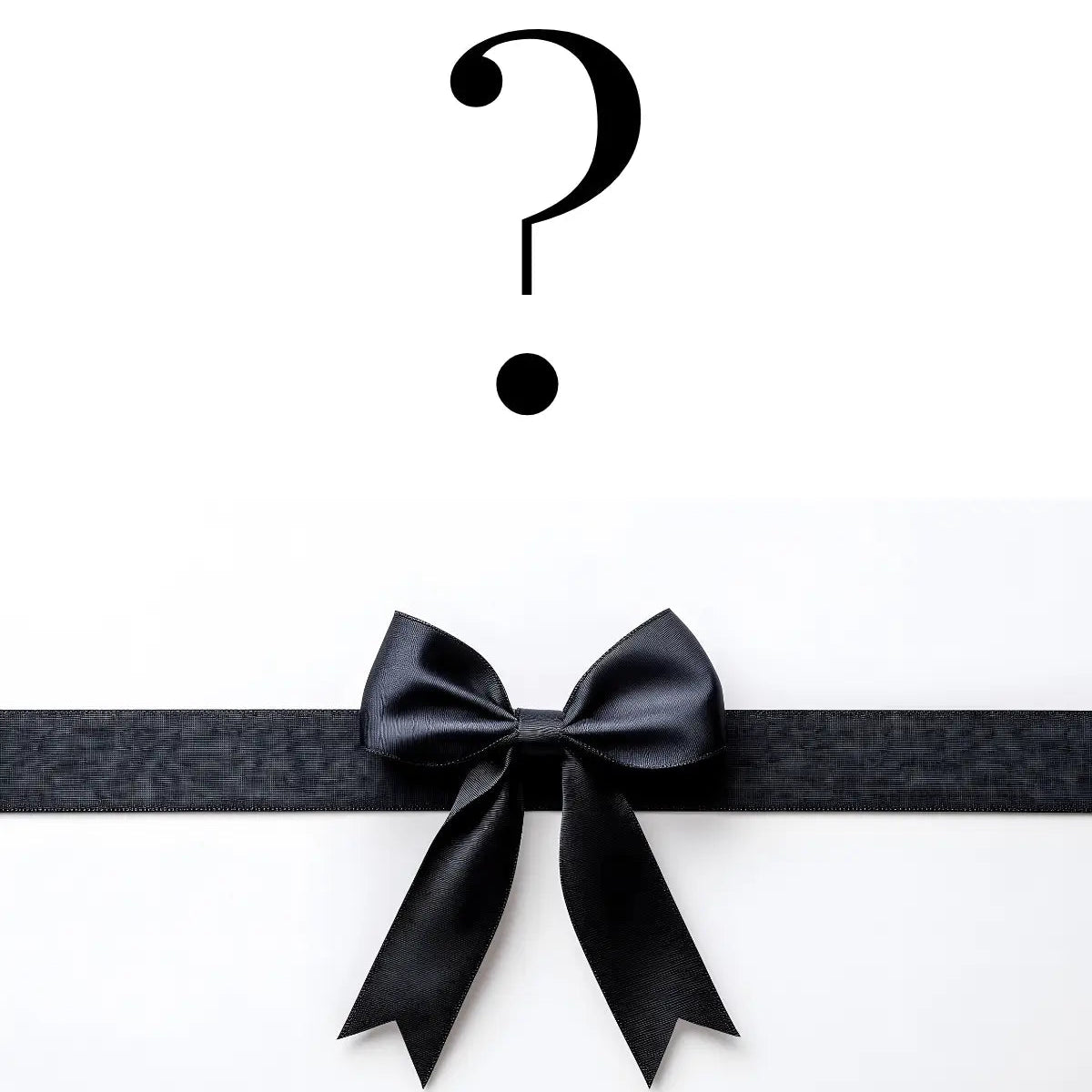 Black ribbon with a bow and question mark on a white background