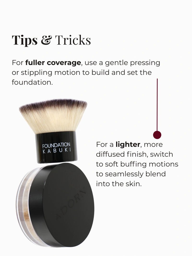 Vegan foundation kabuki brush and foundation powder with usage tips on a white background
