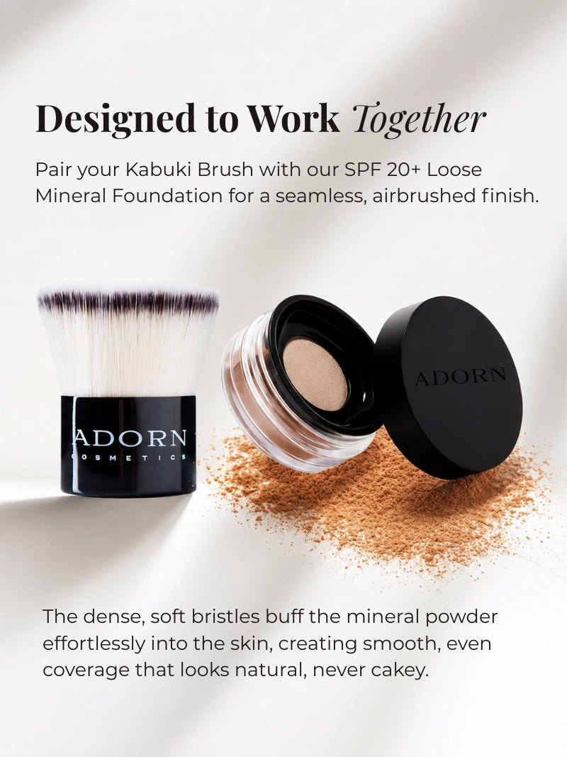 Adorn cosmetic's cruelty free kabuki brush with mineral foundation with text about foundation brush and mineral foundation