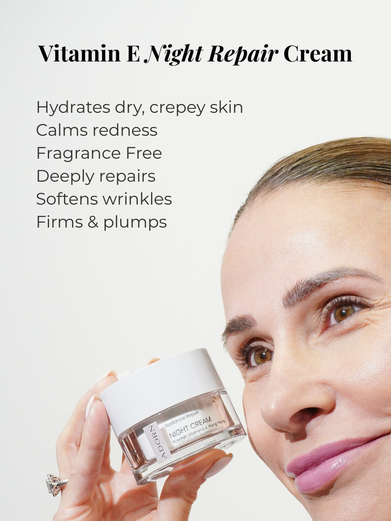 best night cream for glowing skin with a woman holding it, on a light background.