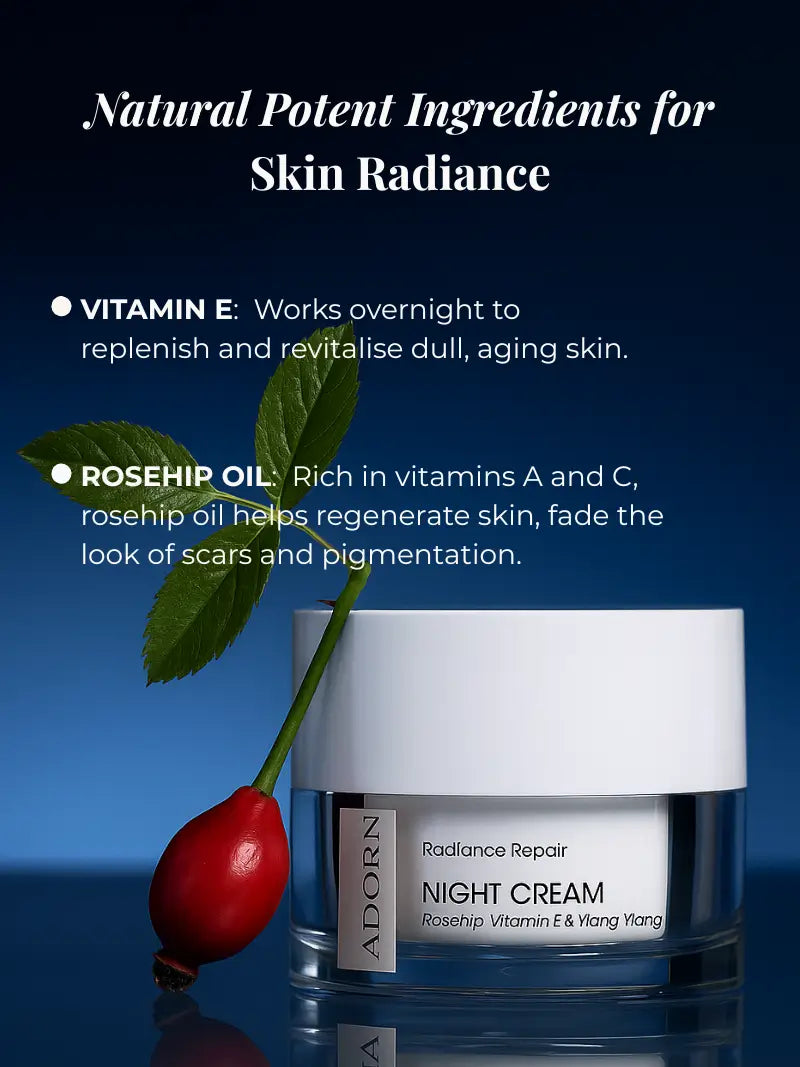 Best night cream for glowing skin with rosehip oil and vitamin E on a white background