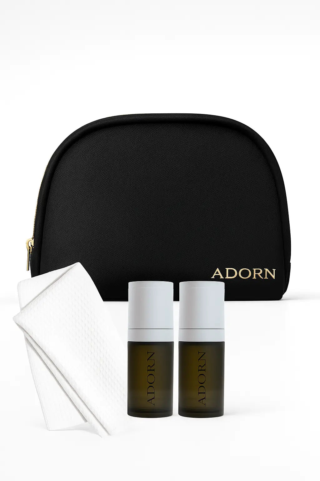ADORN cosmetic bag with two bottles and a towel on a white background