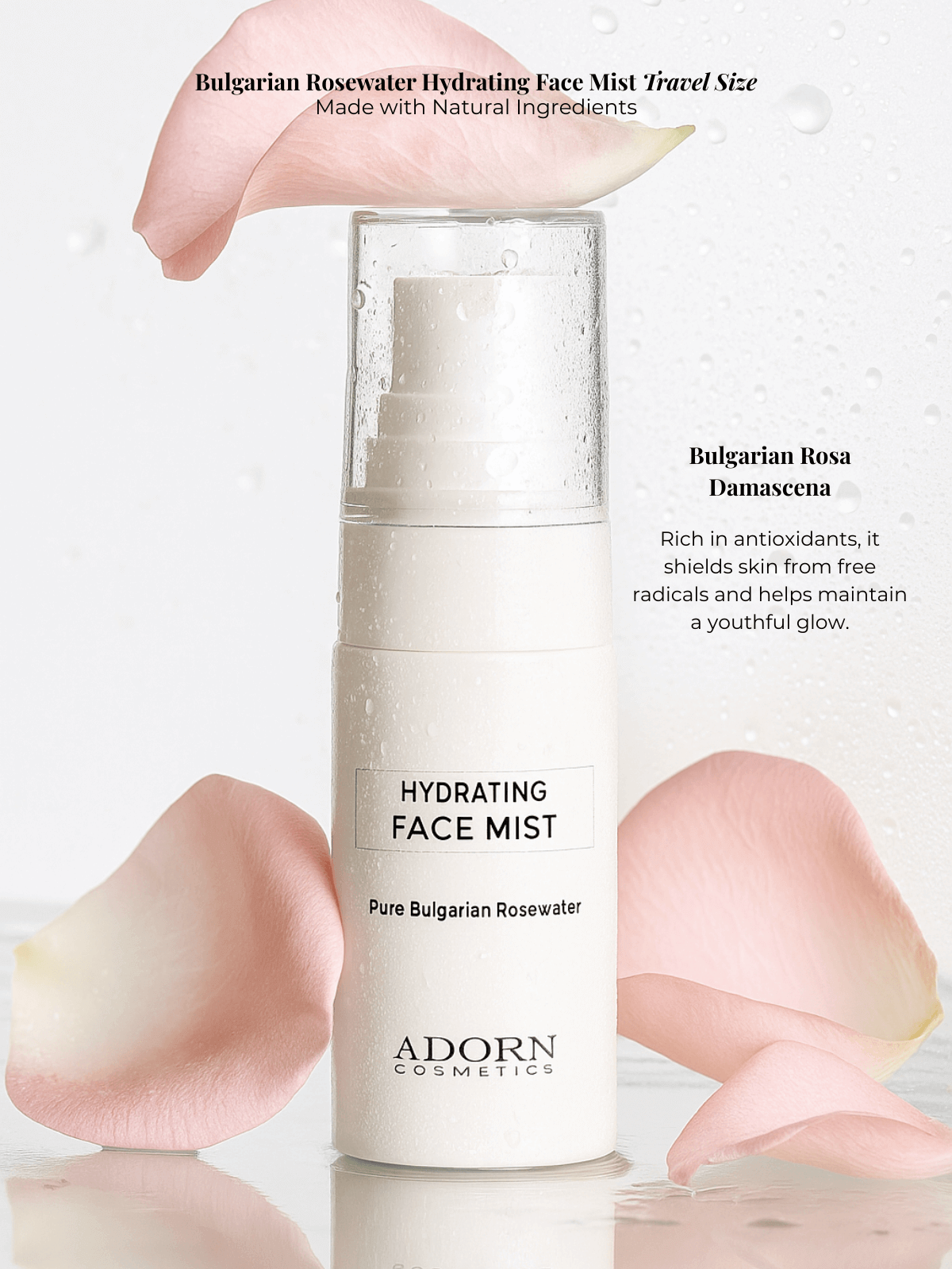 Adorn Cosmetics hydrating face mist with Bulgarian Rosewater Travel Size on a white background.