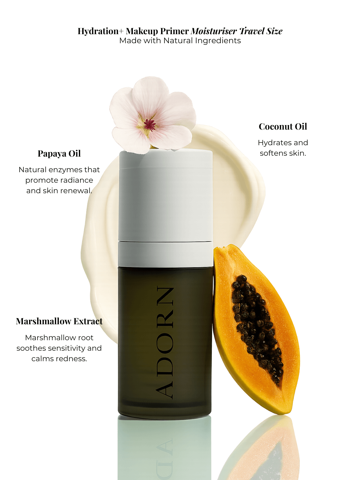 Makeup primer for mature skin moisturiser with natural ingredients and ADORN branding on a white background